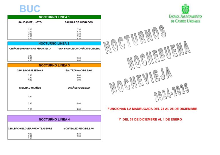 EL SERVICIO BÚHO ESTARÁ OPERATIVO LAS NOCHES DEL 24 Y 31 DE DICIEMBRE Y 5 DE ENERO Y EL CASTROBÚS SERÁ GRATUITO LOS DÍAS 23, 30 Y 5