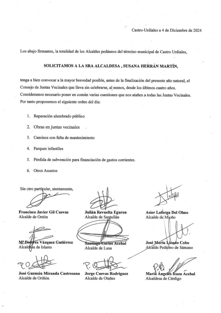 TODOS LOS ALCALDES PEDÁNEOS DE CASTRO URDIALES REGISTRAN UNA SOLICITUD A LA ALCALDESA PARA QUE CONVOQUE EL CONSEJO DE JUNTAS VECINALES “QUE LLEVA, AL MENOS CUATRO AÑOS SIN CELEBRARSE”