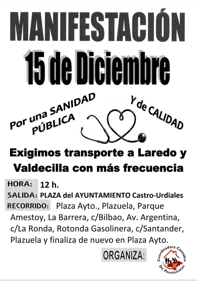 MANIFESTACIÓN ESTE DOMINGO EN CASTRO URDIALES «POR UNA SANIDAD PÚBLICA Y DE CALIDAD» Y UN TRANSPORTE A LOS HOSPTALES «CON MÁS FRECUENCIAS»