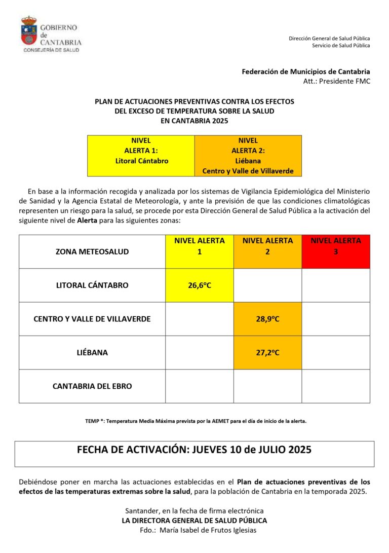 EL GOBIERNO REGIONAL ACTIVA DESDE HOY EL PLAN DE ACTUACIONES PREVENTIVAS CONTRA LOS EFECTOS DEL EXCESO DE TEMPERATURA SOBRE LA SALUD EN CANTABRIA EN ESTE VERANO