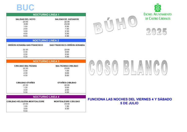 SERVICIO BÚHO DEL CASTROBUS PARA ESTE VIERNES Y SÁBADO CON MOTIVO DEL COSO BLANCO