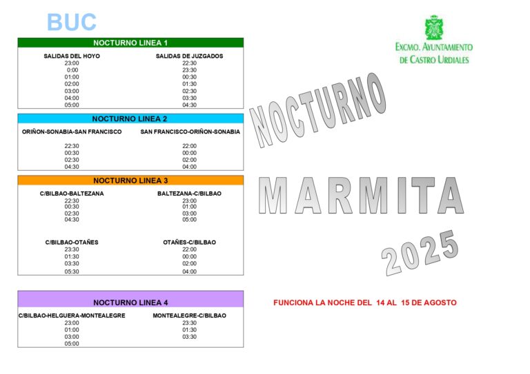SERVICIO BÚHO DEL CASTROBUS PARA ESTE JUEVES Y VIERNES CON MOTIVO DE LAS FIESTAS DE LA ASUNCIÓN