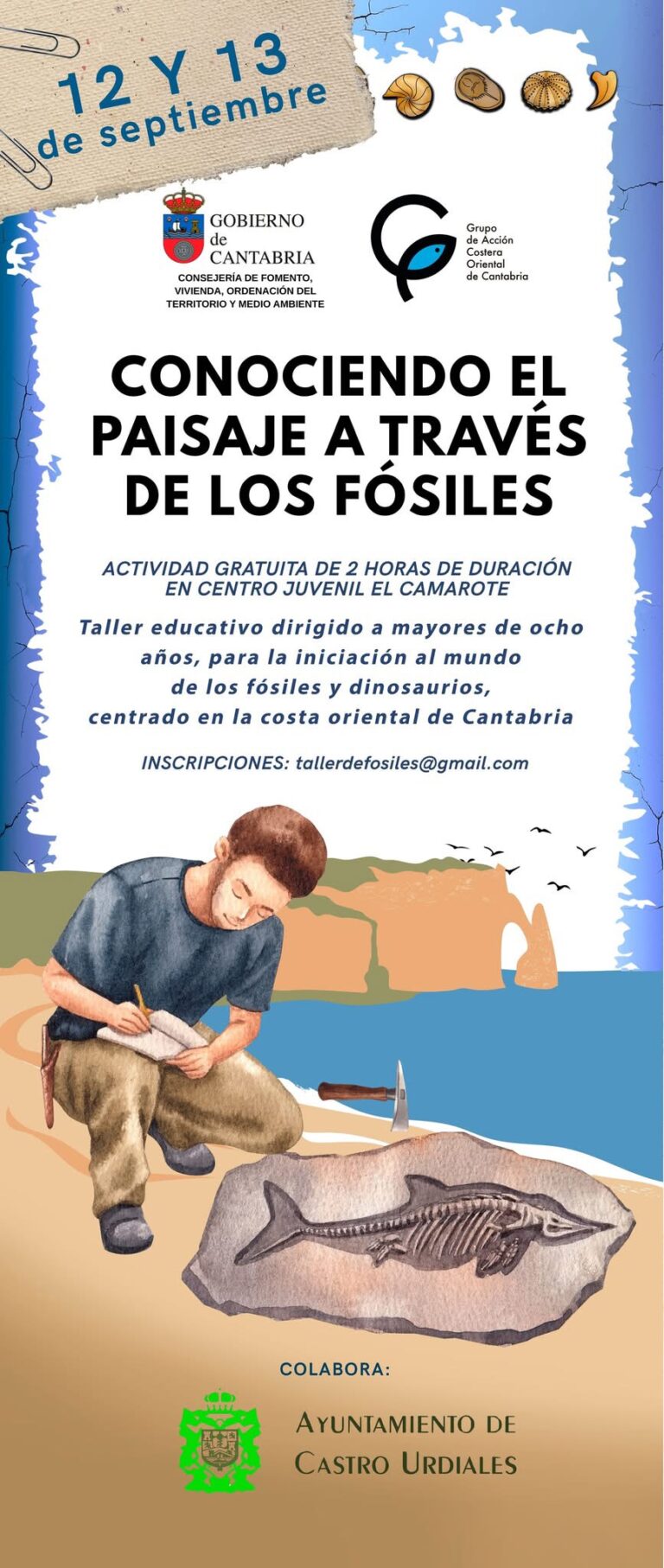 LLEGA A CASTRO URDIALES EL TALLER “CONOCIENDO EL PAISAJE A TRAVÉS DE LOS FÓSILES” LOS DÍAS 12 Y 13 DE SEPTIEMBRE EN EL CAMAROTE