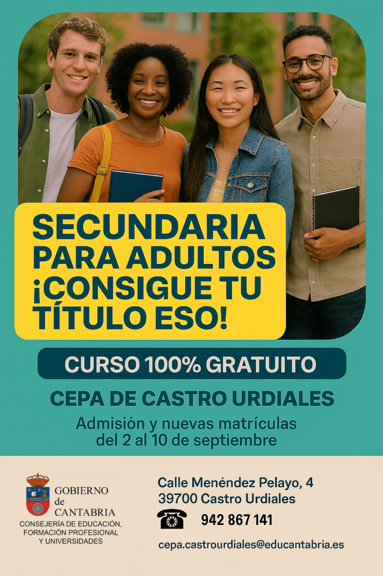 HASTA EL 10 DE SEPTIEMBRE ESTÁ ABIERTO EL PLAZO DE MATRÍCULAS PARA EL CURSO 2025-2026 EN LA ESCUELA DE ADULTOS DE CASTRO URDIALES