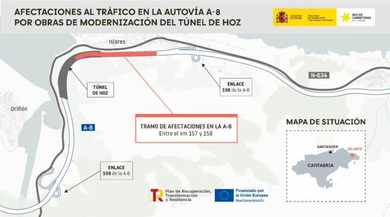 NUEVOS CORTES NOCTURNOS DE TRÁFICO, POR OBRAS, EN EL TÚNEL DE LA A-8 DE ISLARES