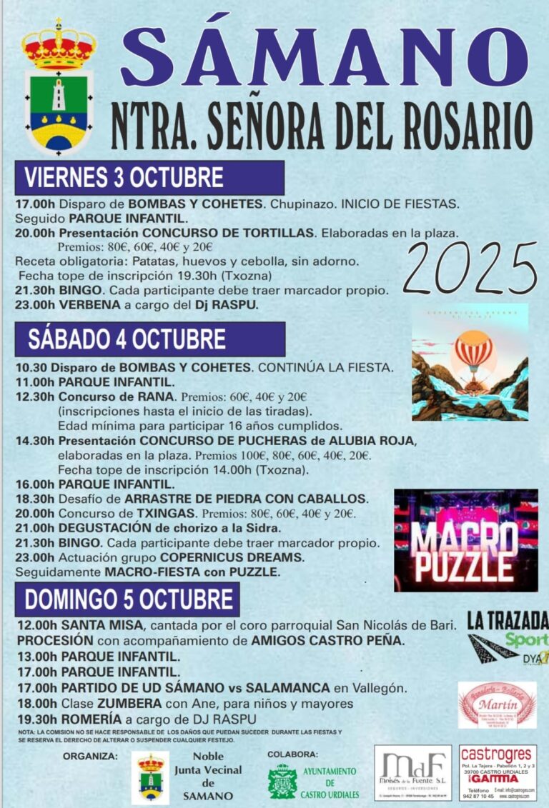 DEL 3 AL 5 DE OCTUBRE SE CELEBRARÁN LAS FIESTAS DEL ROSARIO DE SÁMANO, EN LAS QUE LA JUNTA VECINAL HA PREPARADO UN AMPLIO PROGRAMA DE ACTIVIDADES