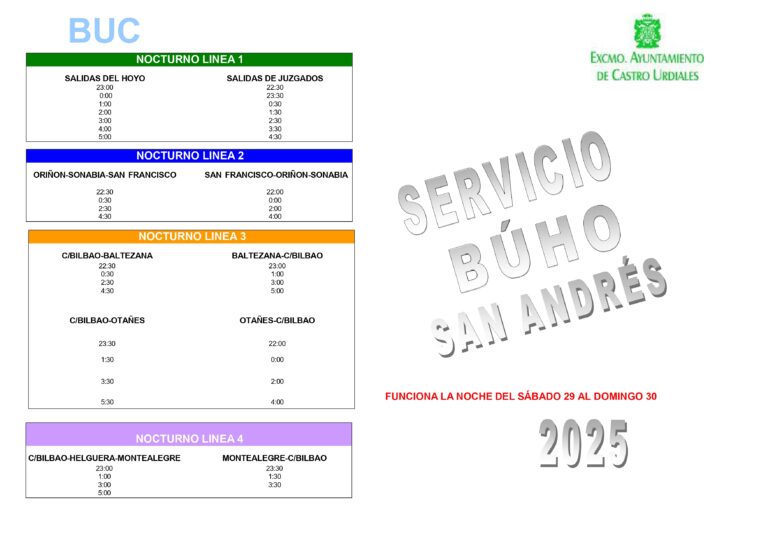EL AYUNTAMIENTO DE CASTRO URDIALES PONE EN MARCHA EL SERVICIO BÚHO SAN ANDRÉS DEL CASTROBUS PARA LA NOCHE DEL SÁBADO 29 AL DOMINGO 30 DE NOVIEMBRE