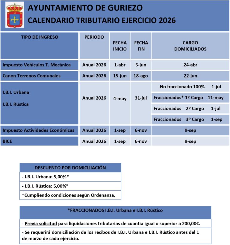 CALENDARIO TRIBUTARIO DE 2026 EN EL AYUNTAMIENTO DE GURIEZO